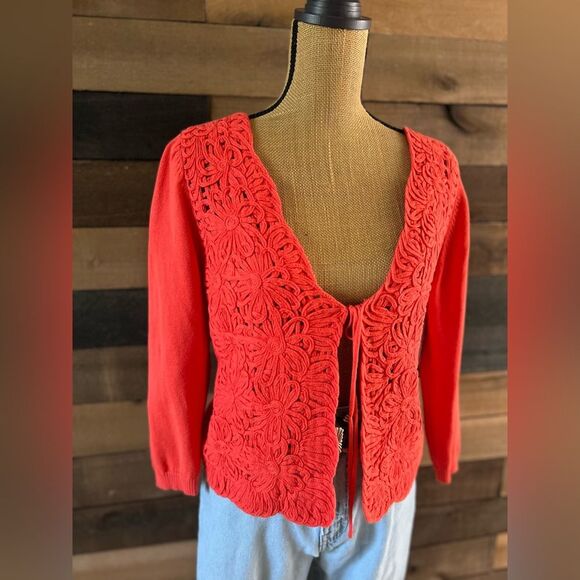 Joseph A Bright Orange Floral Tie Front Cardigan Sweater - Picture 3 of 10